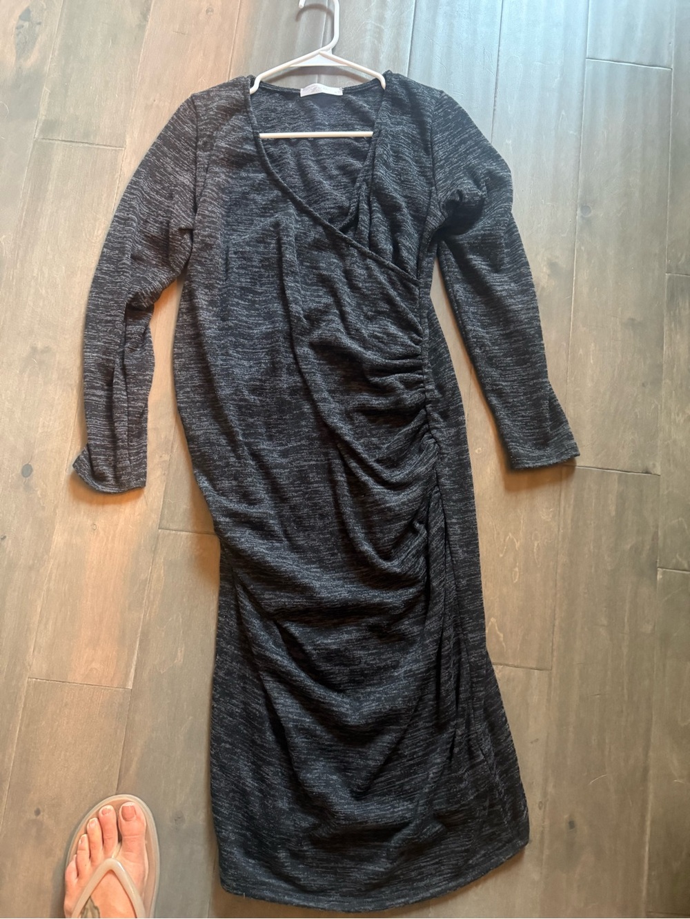 Maternity Long Sleeve Black Heather Wrap Ruched Midi Dress